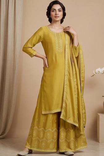 Women Ethnic Motifs Embroidered Regular Thread Work Silk Crepe Kurta with Palazzos & With Dupatta