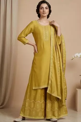 Women Ethnic Motifs Embroidered Regular Thread Work Silk Crepe Kurta with Palazzos & With Dupatta
