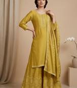 Women Ethnic Motifs Embroidered Regular Thread Work Silk Crepe Kurta with Palazzos & With Dupatta