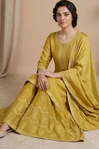 Women Ethnic Motifs Embroidered Regular Thread Work Silk Crepe Kurta with Palazzos & With Dupatta