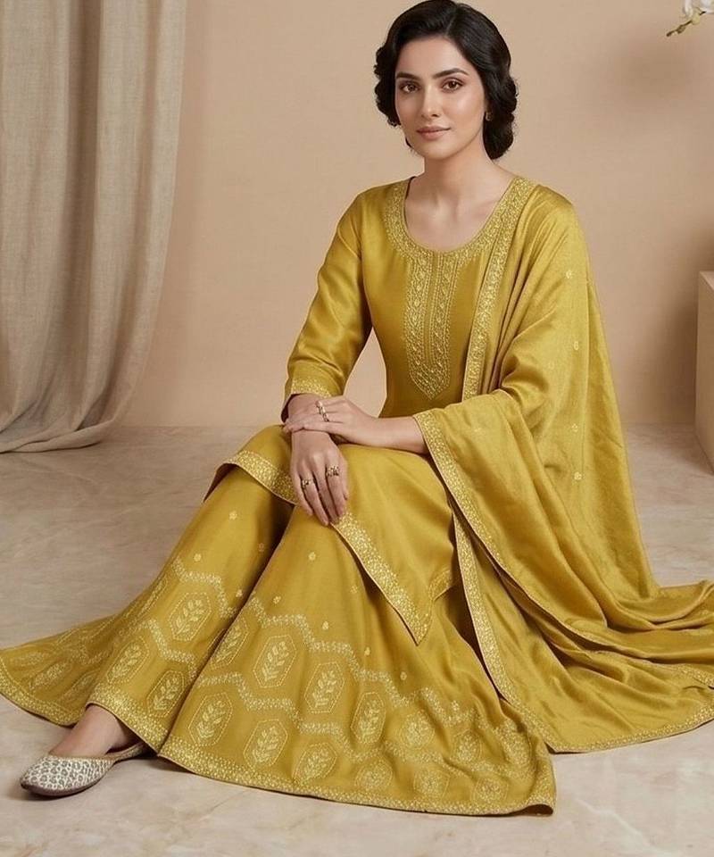 Women Ethnic Motifs Embroidered Regular Thread Work Silk Crepe Kurta with Palazzos & With Dupatta