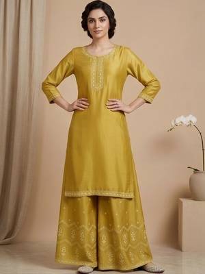 Women Ethnic Motifs Embroidered Regular Thread Work Silk Crepe Kurta with Palazzos & With Dupatta 3