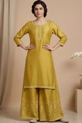 Women Ethnic Motifs Embroidered Regular Thread Work Silk Crepe Kurta with Palazzos & With Dupatta