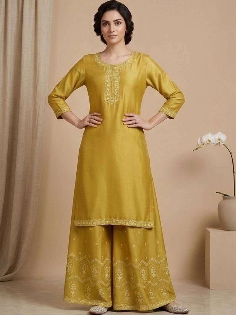 Women Ethnic Motifs Embroidered Regular Thread Work Silk Crepe Kurta with Palazzos & With Dupatta