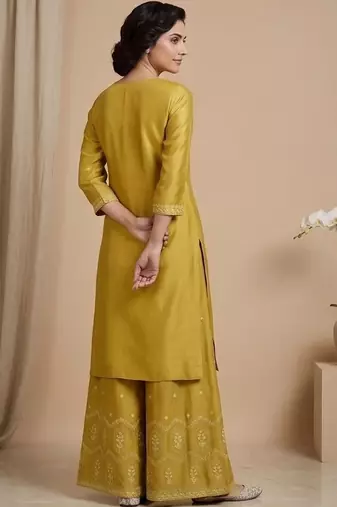 Women Ethnic Motifs Embroidered Regular Thread Work Silk Crepe Kurta with Palazzos & With Dupatta