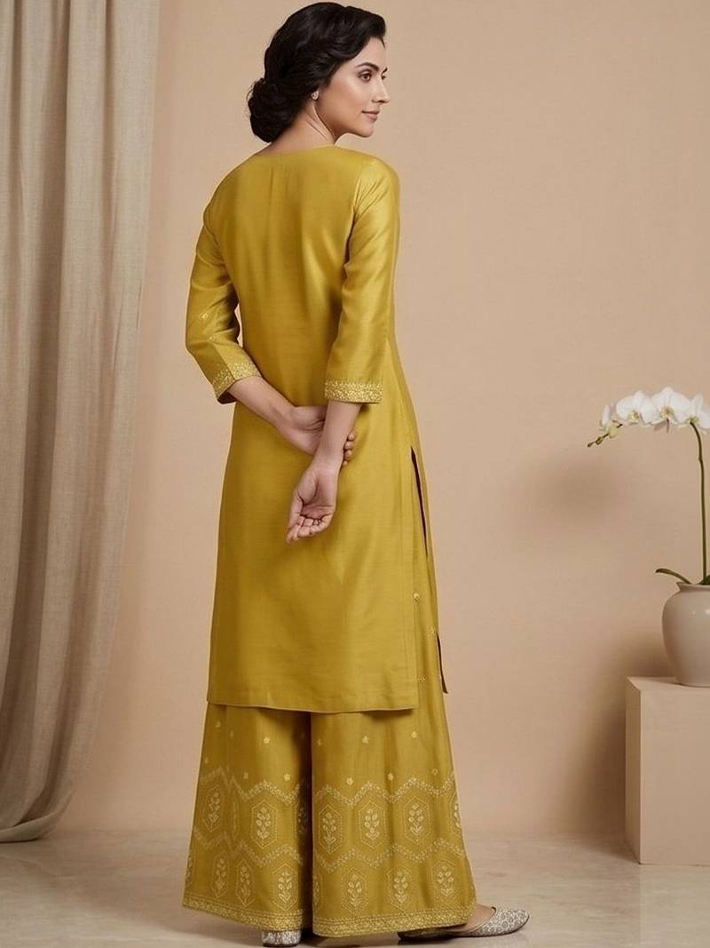 Women Ethnic Motifs Embroidered Regular Thread Work Silk Crepe Kurta with Palazzos & With Dupatta