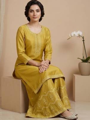 Women Ethnic Motifs Embroidered Regular Thread Work Silk Crepe Kurta with Palazzos & With Dupatta 6