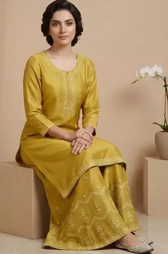 Women Ethnic Motifs Embroidered Regular Thread Work Silk Crepe Kurta with Palazzos & With Dupatta