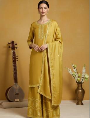 Women Ethnic Motifs Embroidered Regular Thread Work Silk Crepe Kurta with Palazzos & With Dupatta 1