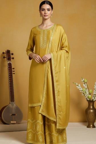 Women Ethnic Motifs Embroidered Regular Thread Work Silk Crepe Kurta with Palazzos & With Dupatta
