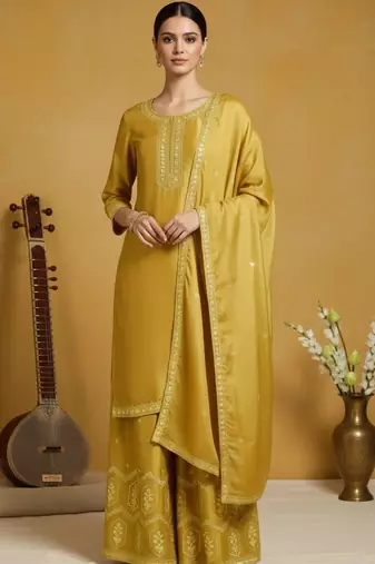 Women Ethnic Motifs Embroidered Regular Thread Work Silk Crepe Kurta with Palazzos & With Dupatta