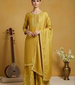 Women Ethnic Motifs Embroidered Regular Thread Work Silk Crepe Kurta with Palazzos & With Dupatta