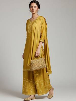 Women Ethnic Motifs Embroidered Regular Thread Work Silk Crepe Kurta with Palazzos & With Dupatta 2