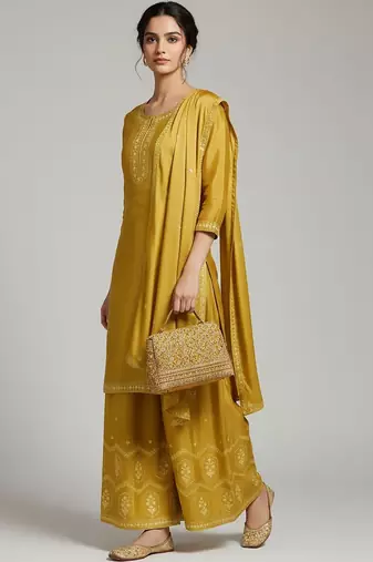 Women Ethnic Motifs Embroidered Regular Thread Work Silk Crepe Kurta with Palazzos & With Dupatta