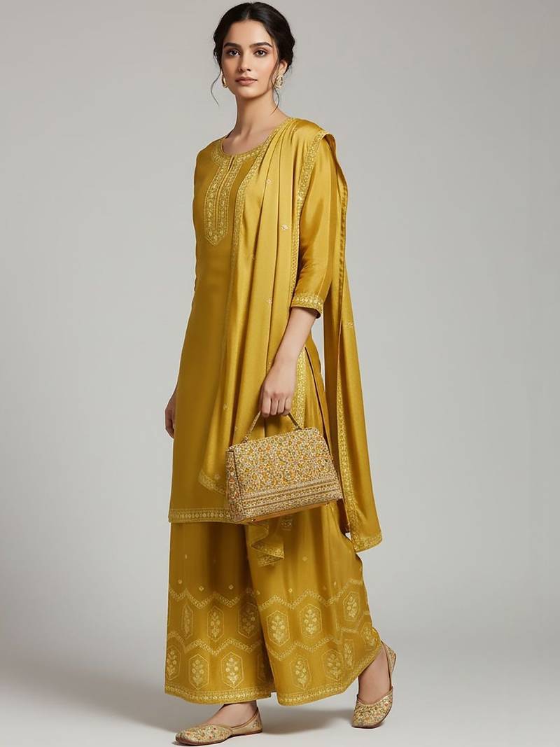 Women Ethnic Motifs Embroidered Regular Thread Work Silk Crepe Kurta with Palazzos & With Dupatta