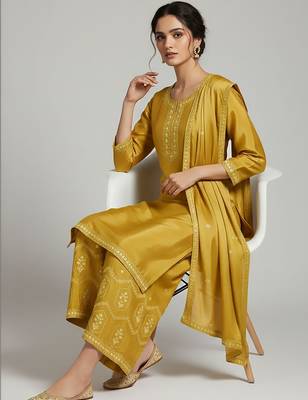 Women Ethnic Motifs Embroidered Regular Thread Work Silk Crepe Kurta with Palazzos & With Dupatta 3