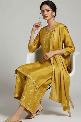 Women Ethnic Motifs Embroidered Regular Thread Work Silk Crepe Kurta with Palazzos & With Dupatta