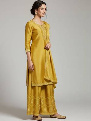 Women Ethnic Motifs Embroidered Regular Thread Work Silk Crepe Kurta with Palazzos & With Dupatta 5