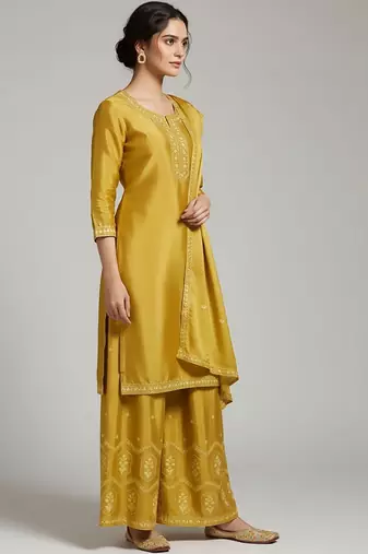 Women Ethnic Motifs Embroidered Regular Thread Work Silk Crepe Kurta with Palazzos & With Dupatta