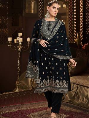 Women Ethnic Motifs Embroidered Thread Work Velvet Kurta Trousers With Dupatta 1