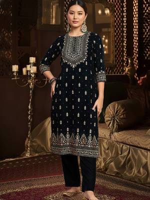 Women Ethnic Motifs Embroidered Thread Work Velvet Kurta Trousers With Dupatta 6