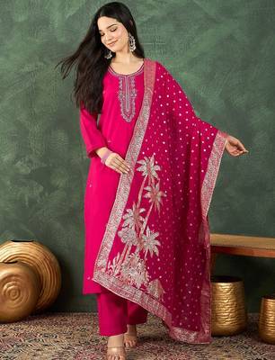 Floral Yoke Design Beads And Stones Kurta With Trousers & Dupatta 1