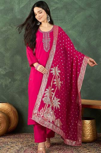 Floral Yoke Design Beads And Stones Kurta With Trousers & Dupatta
