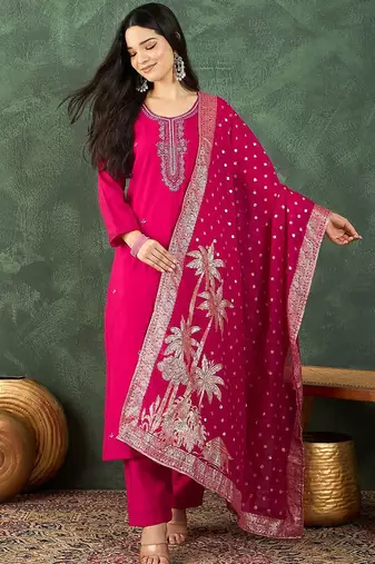 Floral Yoke Design Beads And Stones Kurta With Trousers & Dupatta