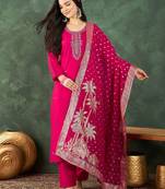 Floral Yoke Design Beads And Stones Kurta With Trousers & Dupatta