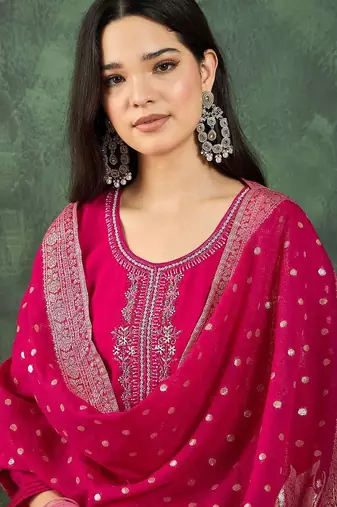 Floral Yoke Design Beads And Stones Kurta With Trousers & Dupatta