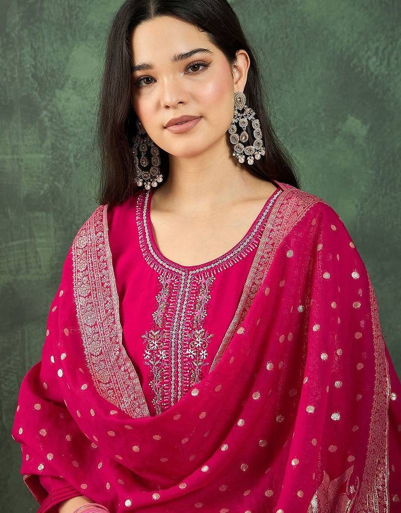 Floral Yoke Design Beads And Stones Kurta With Trousers & Dupatta