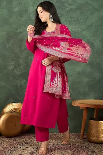 Floral Yoke Design Beads And Stones Kurta With Trousers & Dupatta