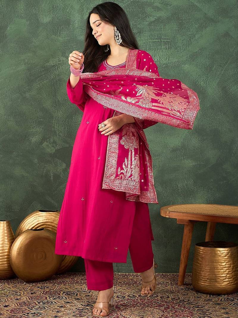 Floral Yoke Design Beads And Stones Kurta With Trousers & Dupatta