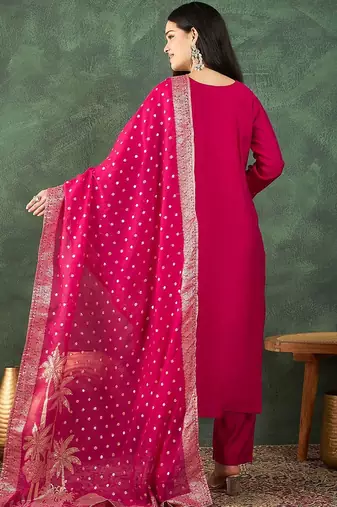Floral Yoke Design Beads And Stones Kurta With Trousers & Dupatta