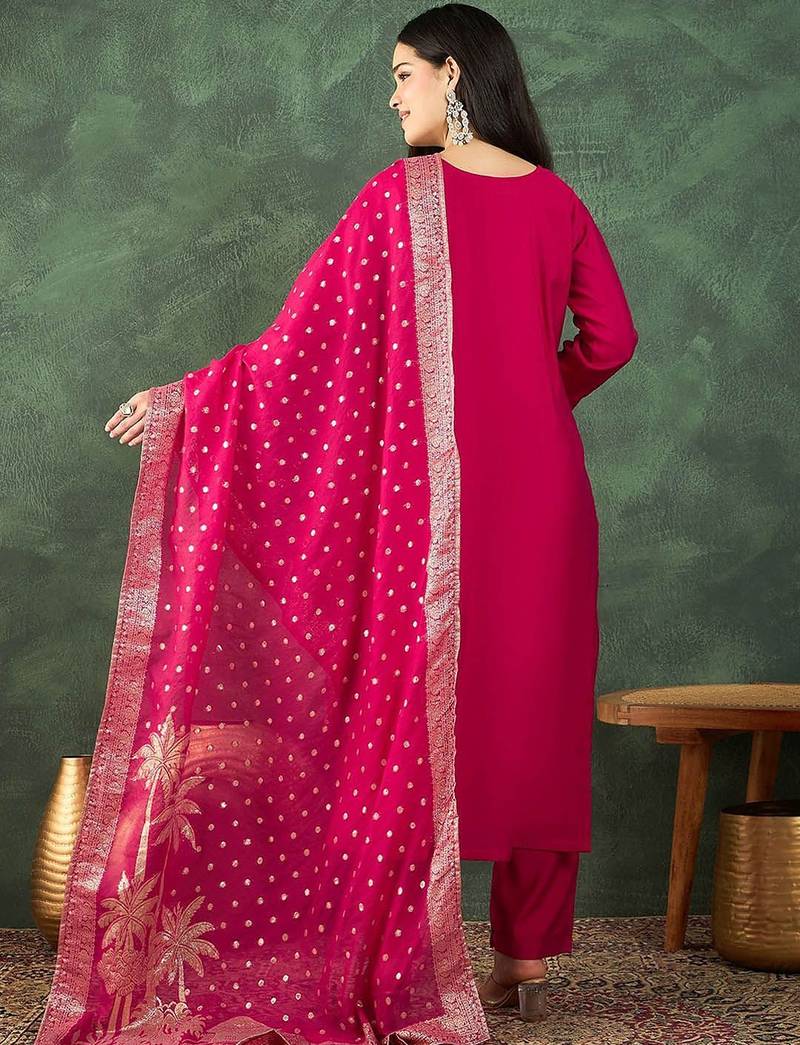 Floral Yoke Design Beads And Stones Kurta With Trousers & Dupatta