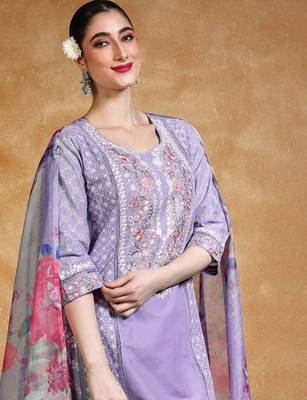 Women Floral Embroidered Kantha Work Pure Cotton Kurta Trousers & With Dupatta 2