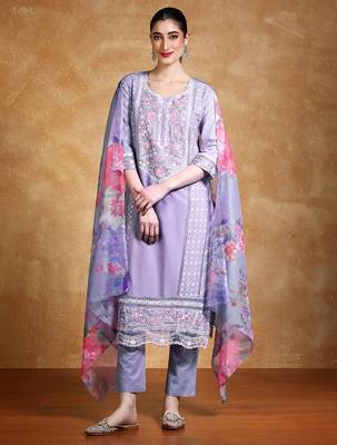 Women Floral Embroidered Kantha Work Pure Cotton Kurta Trousers & With Dupatta 1