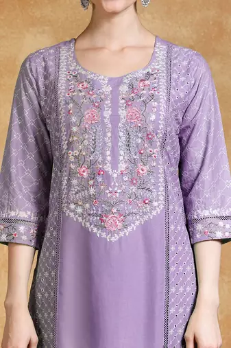 Women Floral Embroidered Kantha Work Pure Cotton Kurta Trousers & With Dupatta