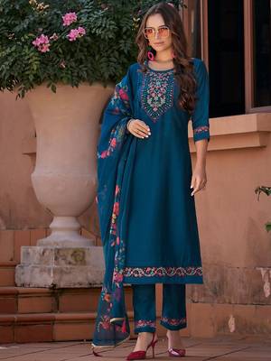 Floral Yoke Design Thread Work Straight Kurta With Trouser And Dupatta 1