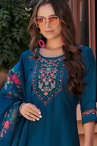 Floral Yoke Design Thread Work Straight Kurta With Trouser And Dupatta