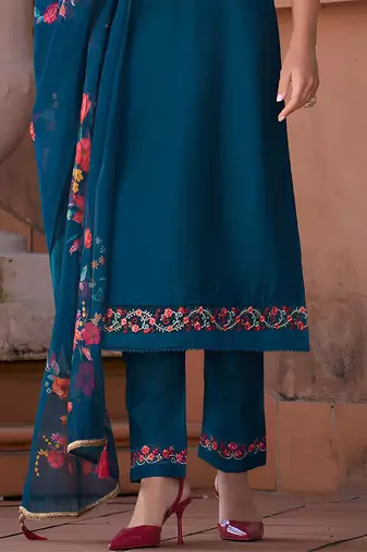 Floral Yoke Design Thread Work Straight Kurta With Trouser And Dupatta