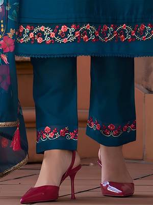 Floral Yoke Design Thread Work Straight Kurta With Trouser And Dupatta 4
