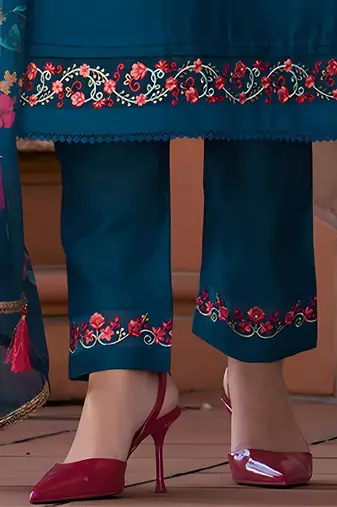 Floral Yoke Design Thread Work Straight Kurta With Trouser And Dupatta