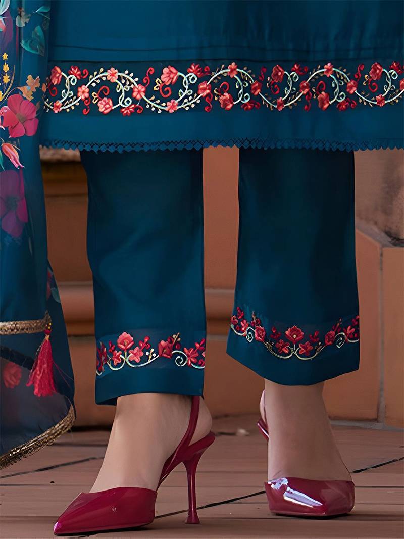 Floral Yoke Design Thread Work Straight Kurta With Trouser And Dupatta