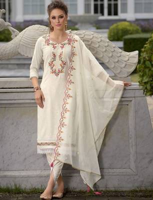 Floral Yoke Design Thread Work Straight Kurta With Dhoti Pants & Dupatta 1