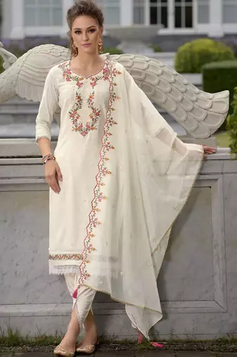 Floral Yoke Design Thread Work Straight Kurta With Dhoti Pants & Dupatta