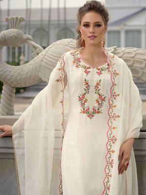 Floral Yoke Design Thread Work Straight Kurta With Dhoti Pants & Dupatta 2