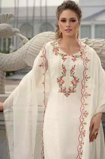 Floral Yoke Design Thread Work Straight Kurta With Dhoti Pants & Dupatta