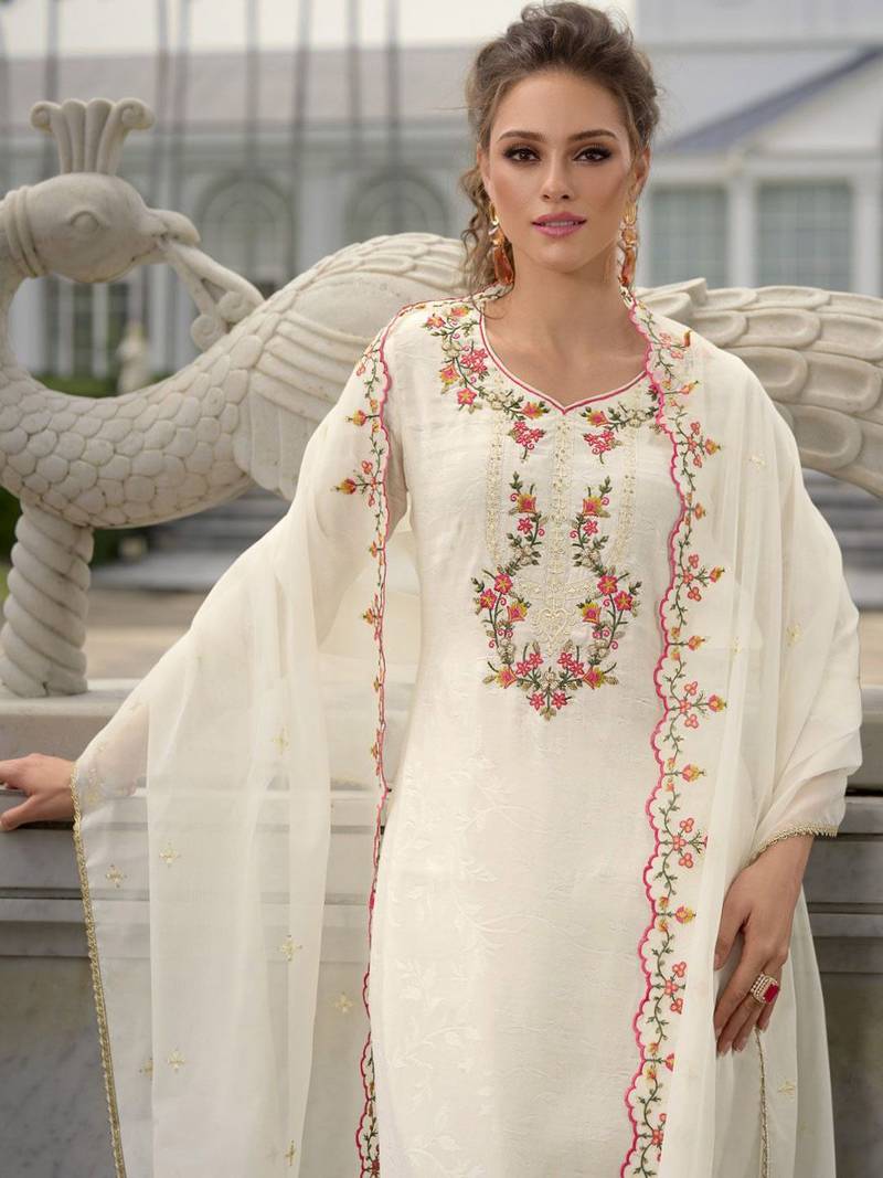 Floral Yoke Design Thread Work Straight Kurta With Dhoti Pants & Dupatta