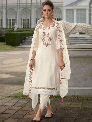 Floral Yoke Design Thread Work Straight Kurta With Dhoti Pants & Dupatta 3